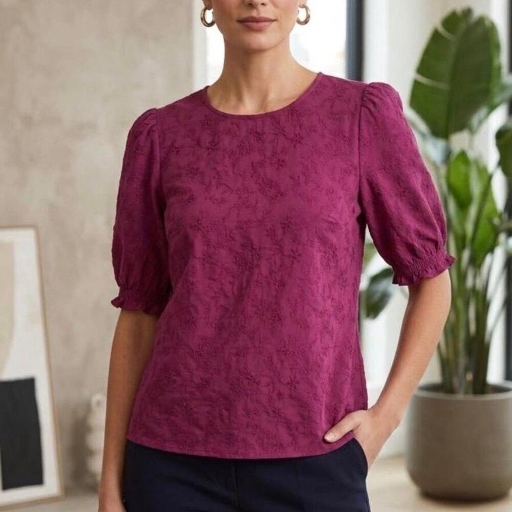 Ted Baker Dark Fuchsia Floral Jacquard Puff Sleeve Blouse Size Small
